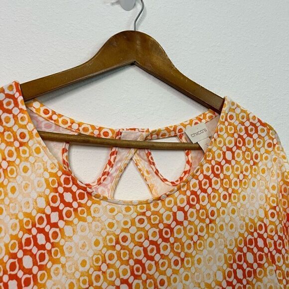 Chico’s Women’s Orange Multicolor Printed Rayon 3/4 Sleeve Keyhole Top Sz 3 (XL) - Picture 5 of 13